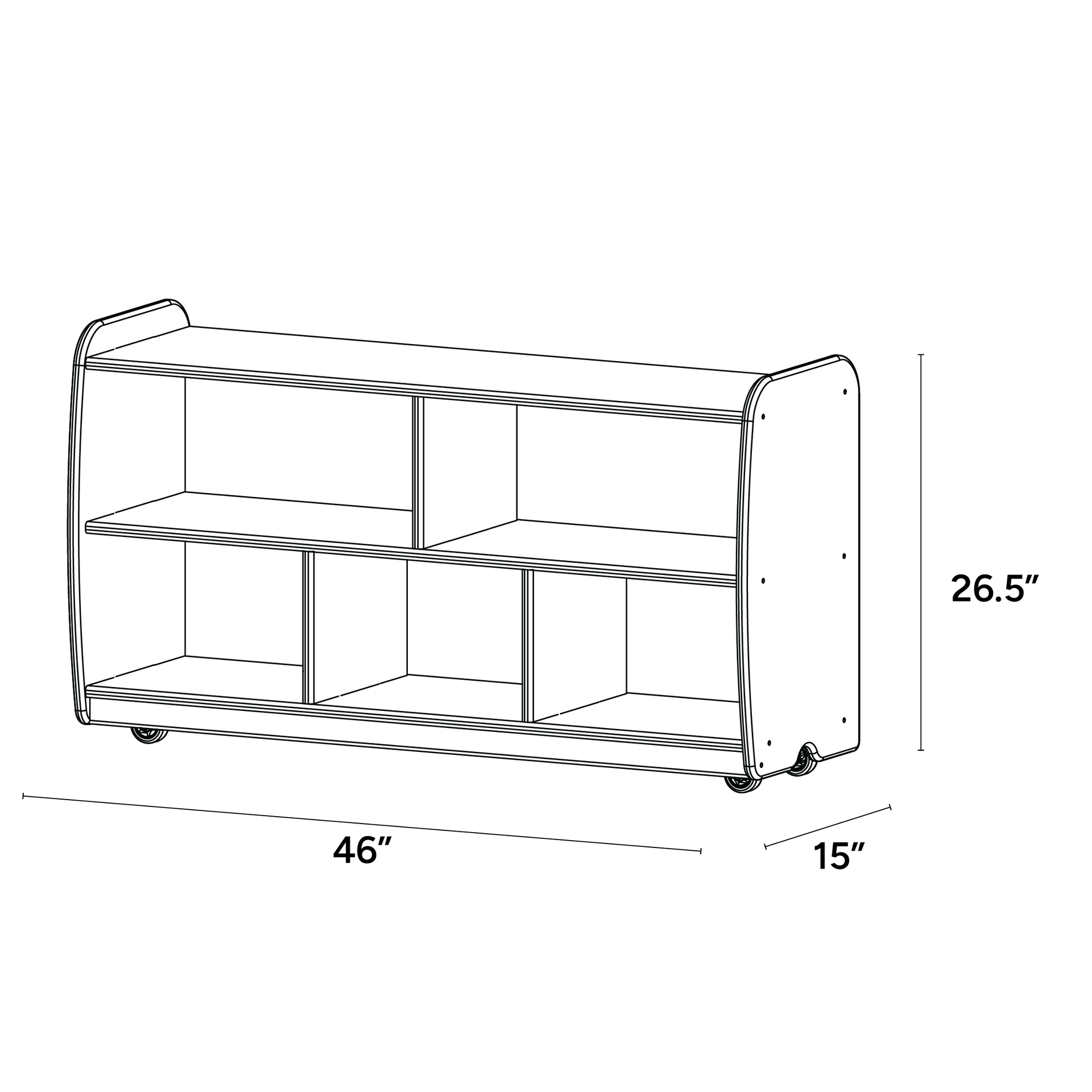 Backed One Shelf - Long Horizontal with Vertical Dividers - with Casters - ISO isometric view
