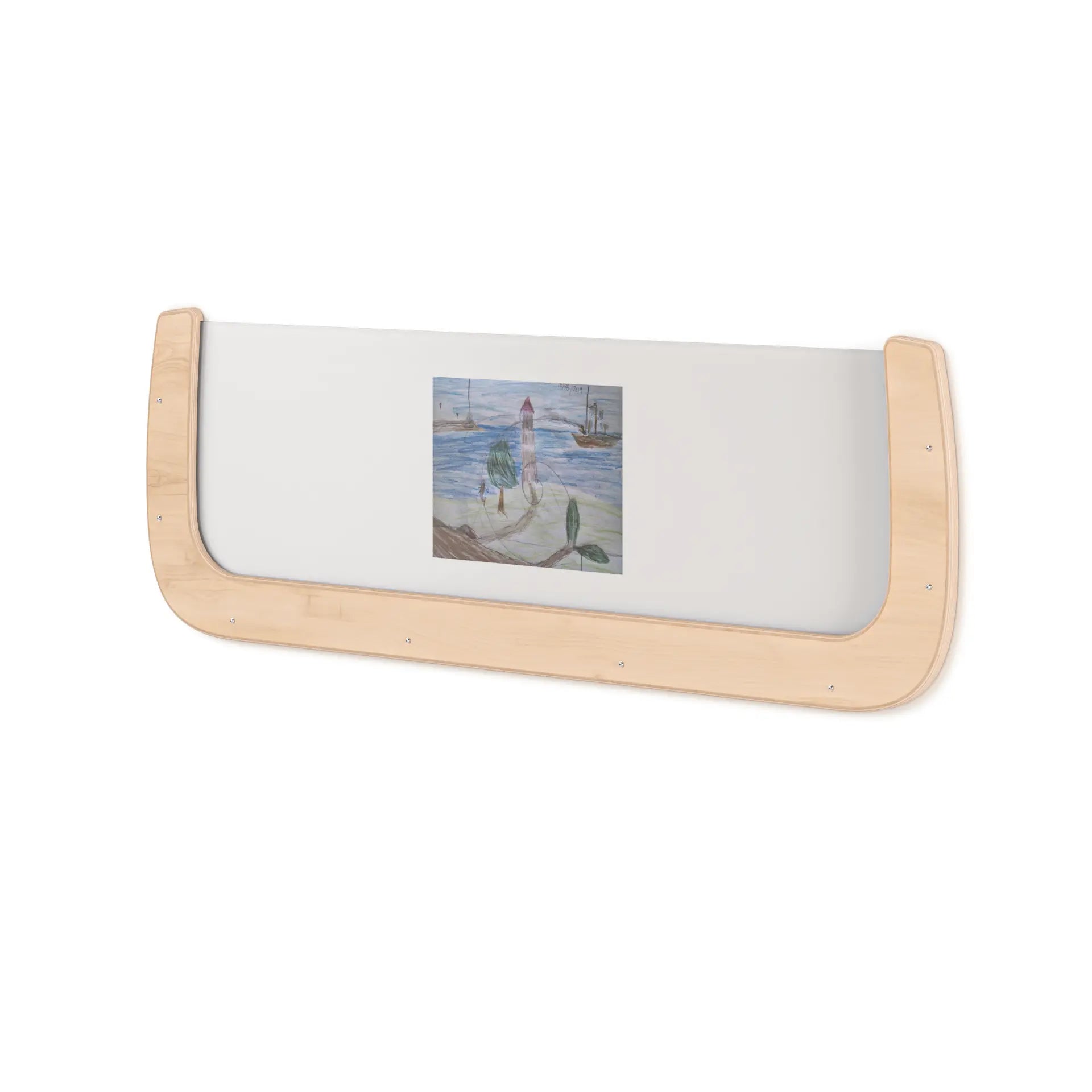 Wooden picture frame with a painted scene of a lighthouse on a white background