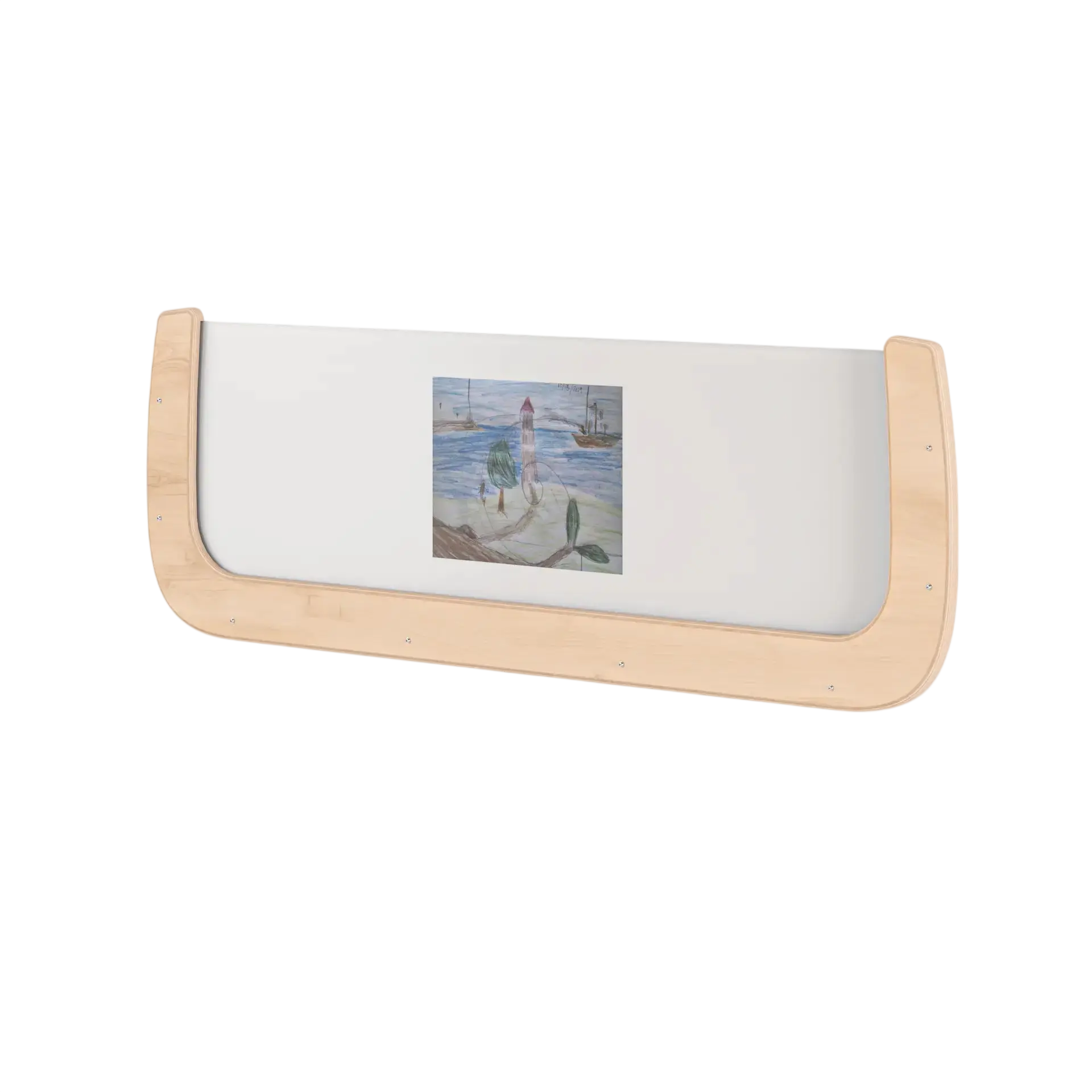 Wooden picture frame with a painted scene of a lighthouse on a white background