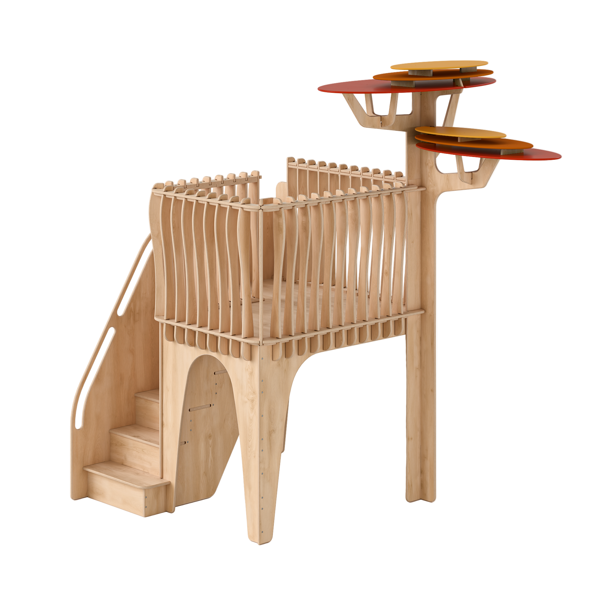 Wooden play structure with multiple levels and platforms on a white background