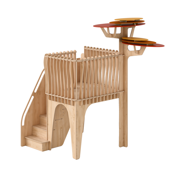 Wooden play structure with multiple levels and platforms on a white background