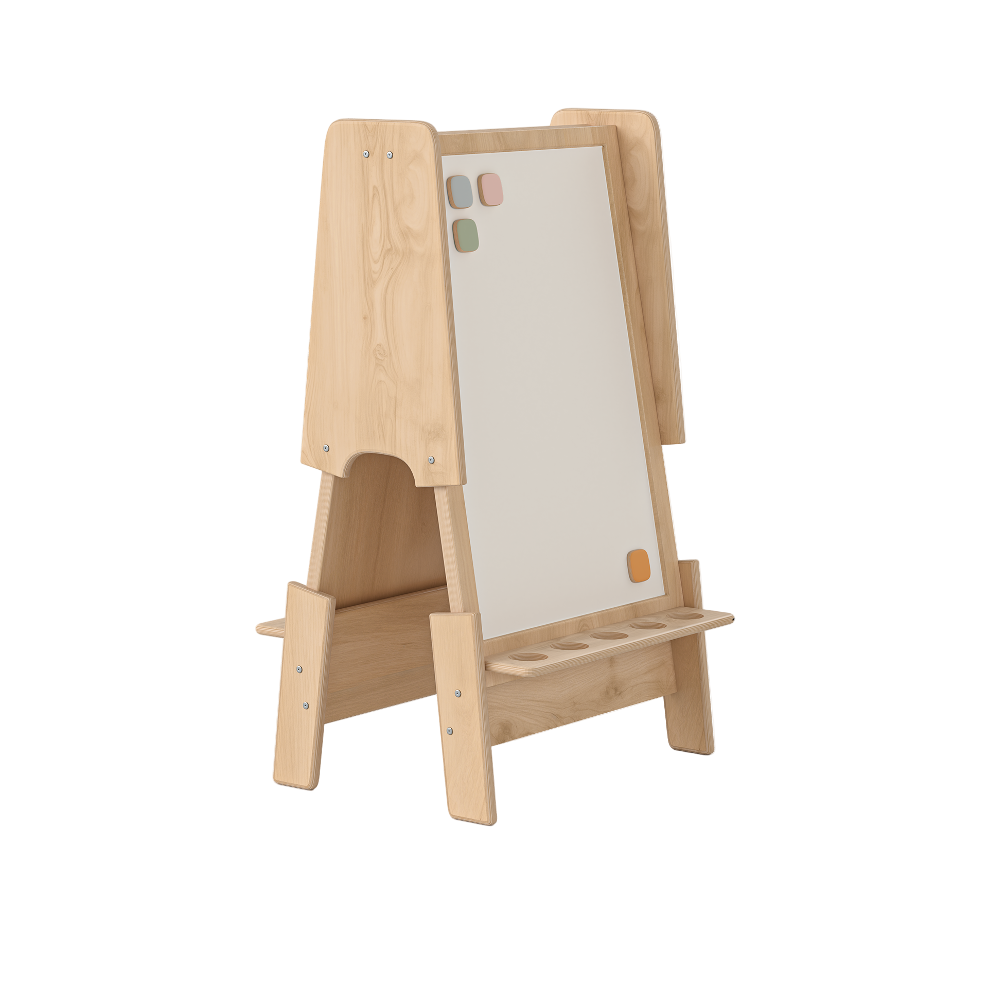 Wooden children's easel with whiteboard and chalk holder on a white background