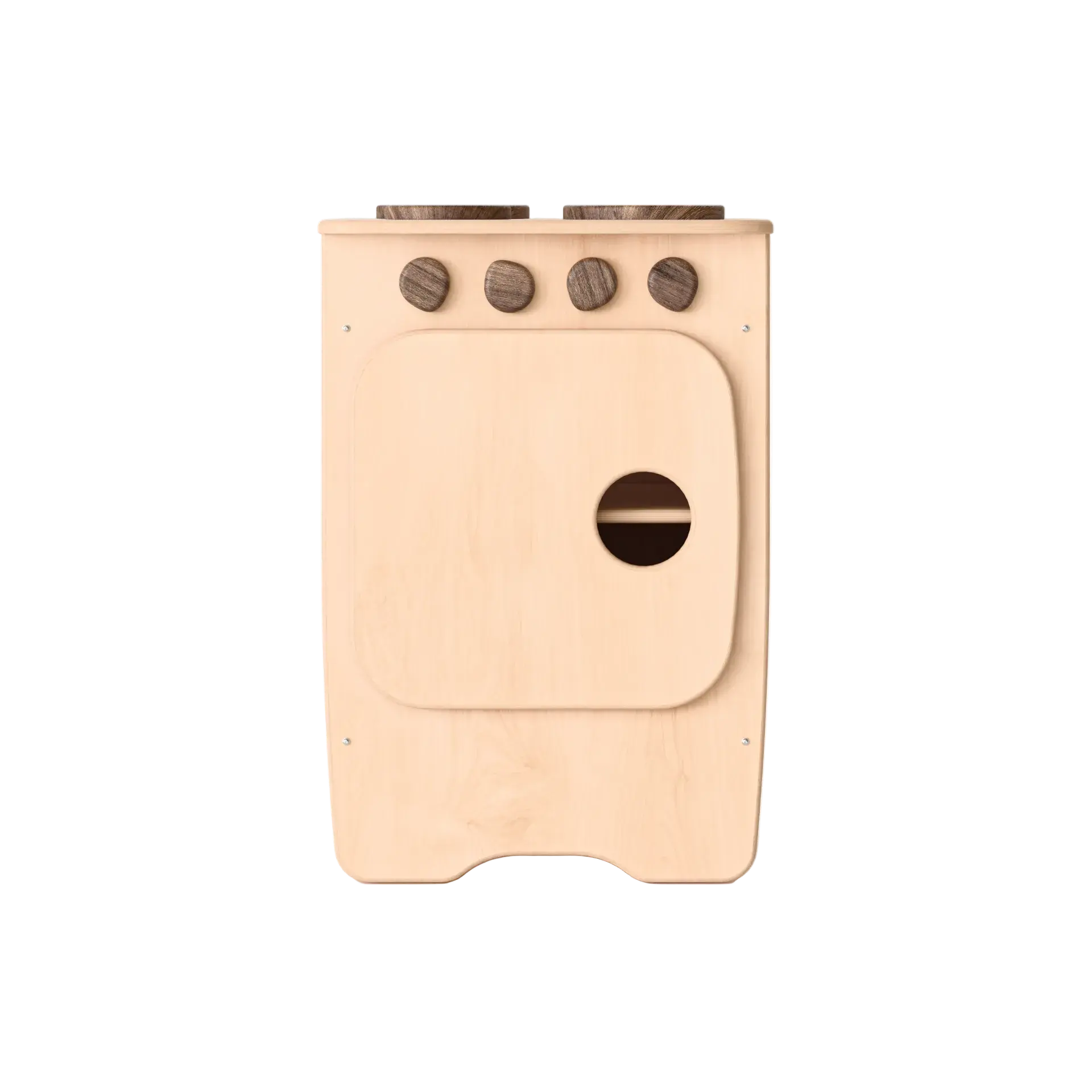 Wooden toy stove with four knobs on a white background