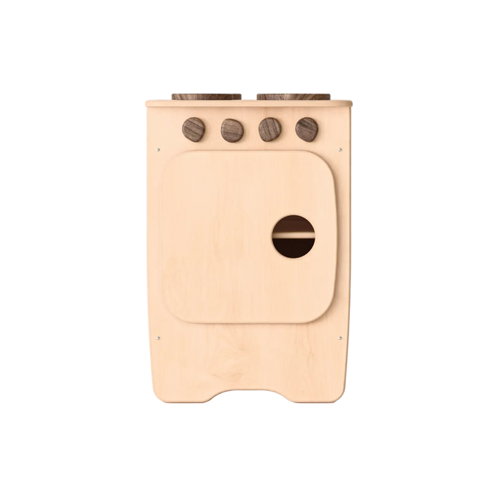 Wooden toy stove with four knobs on a white background