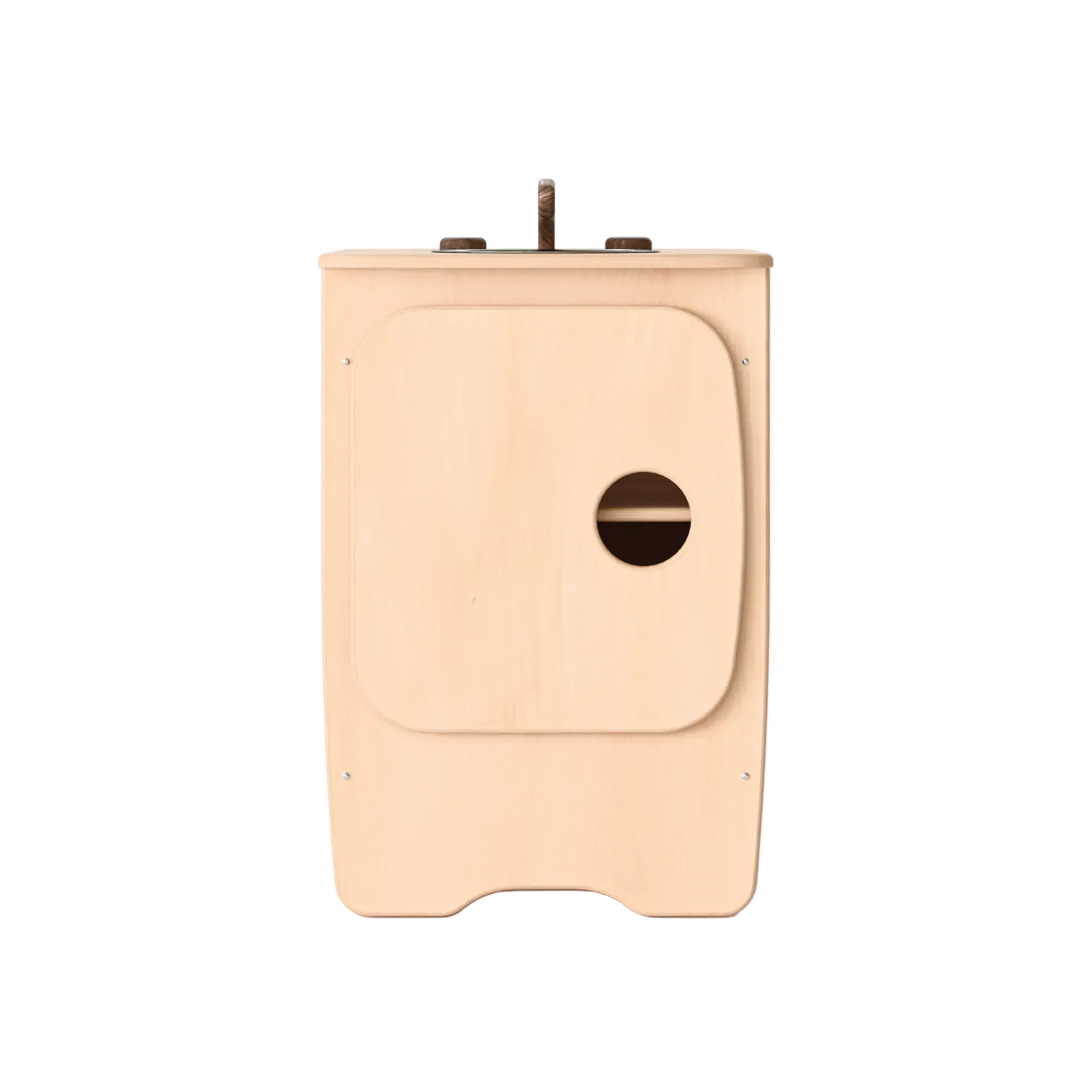 Wooden birdhouse with a circular entrance on a white background