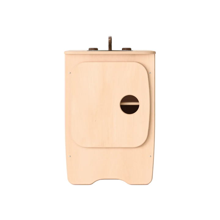 Wooden birdhouse with a circular entrance on a white background