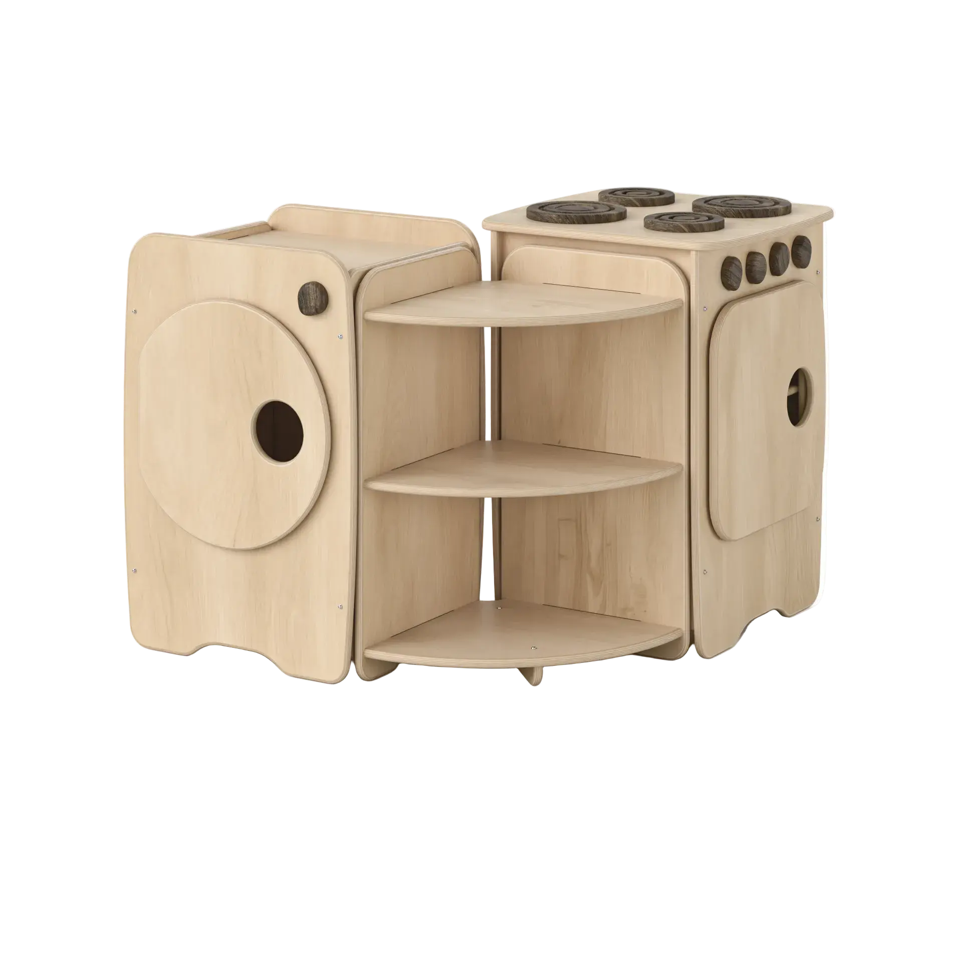 Children's play kitchen set with wooden design on a white background
