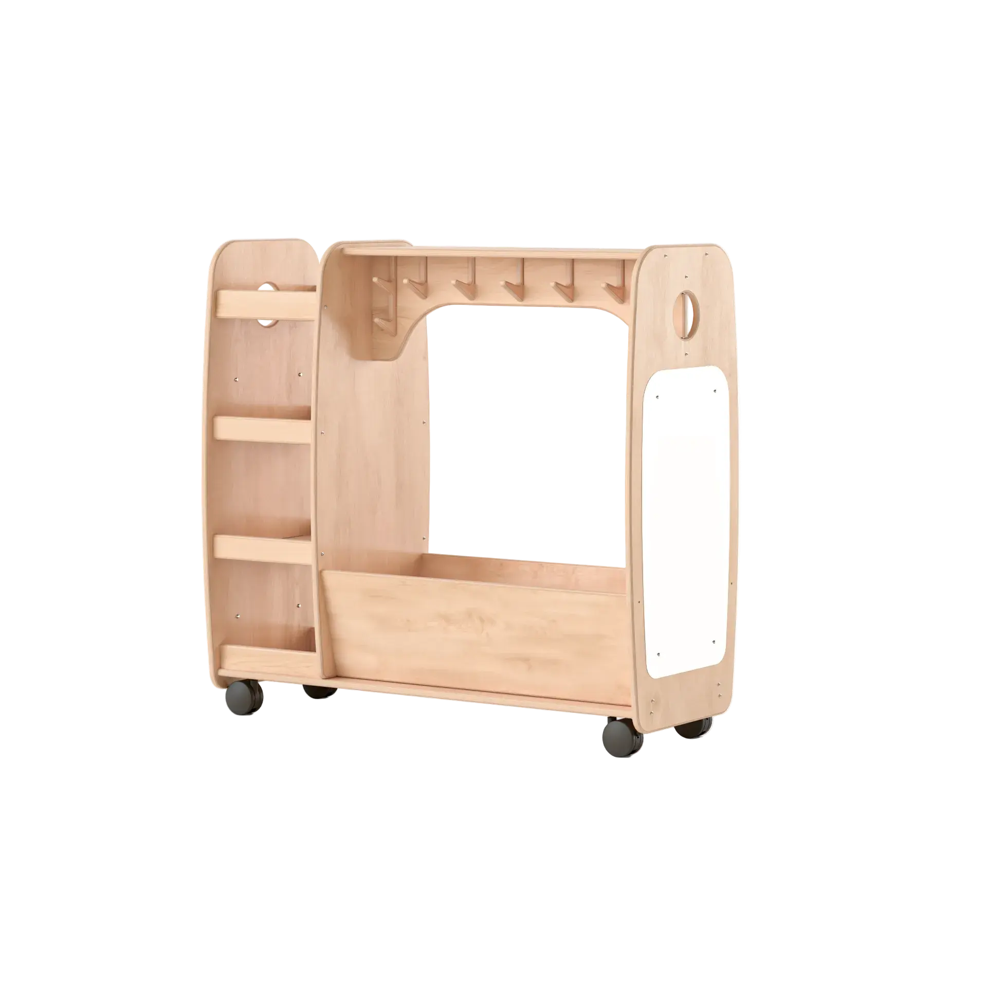 Wooden bookshelf with wheels on a white background