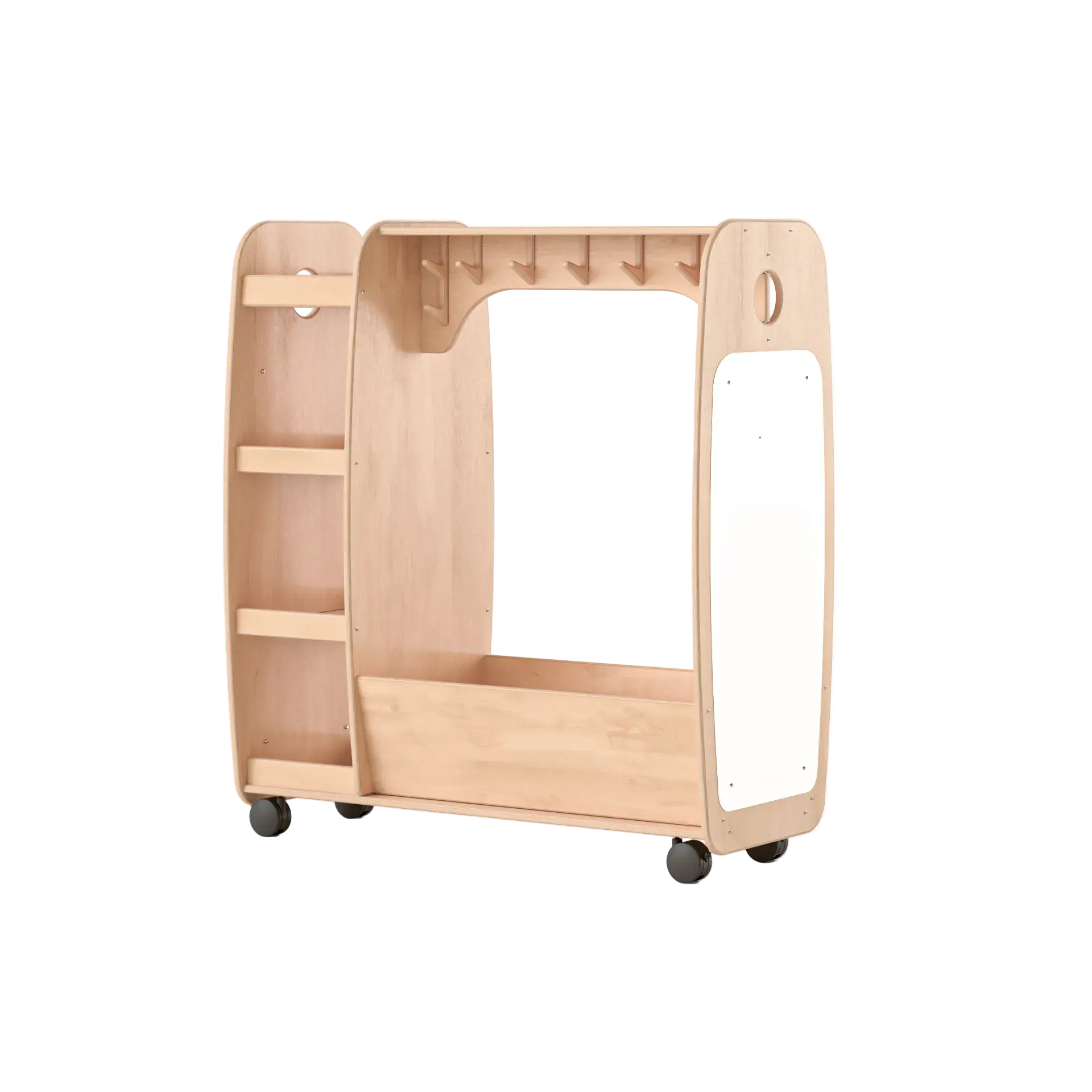 Wooden bookshelf with wheels on a white background