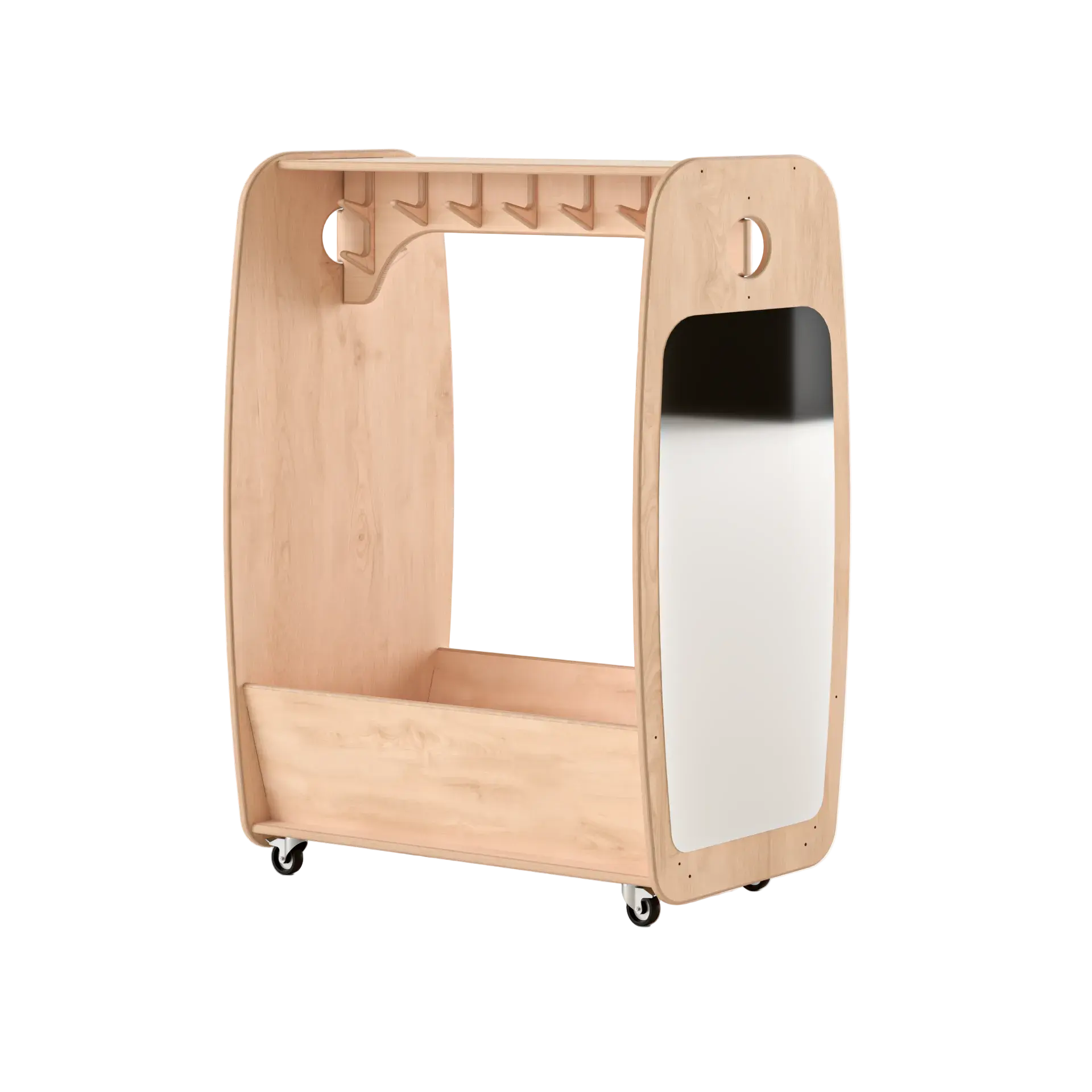 Wooden rolling cart with a mirror on a white background