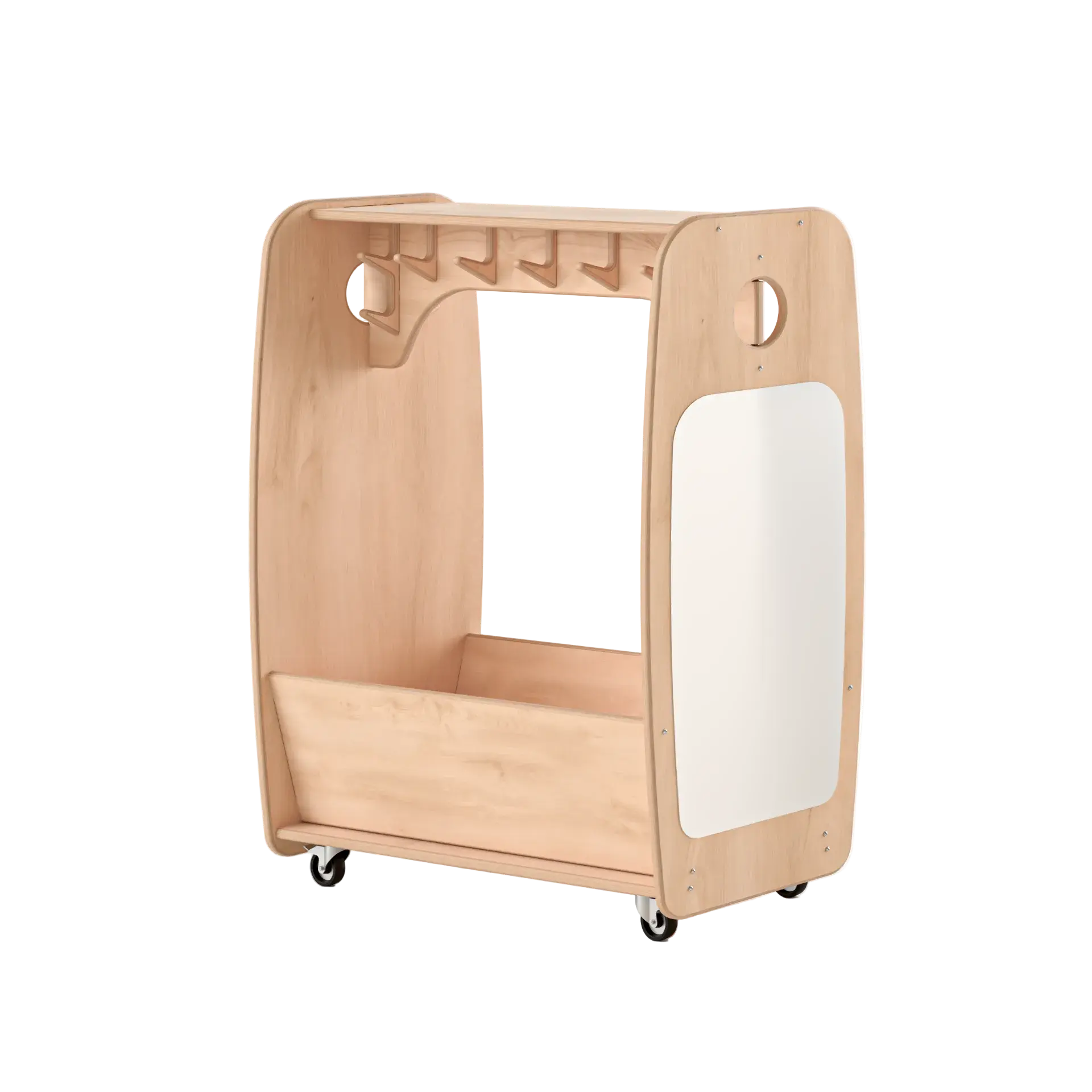 Wooden bookshelf with a white panel on a white background