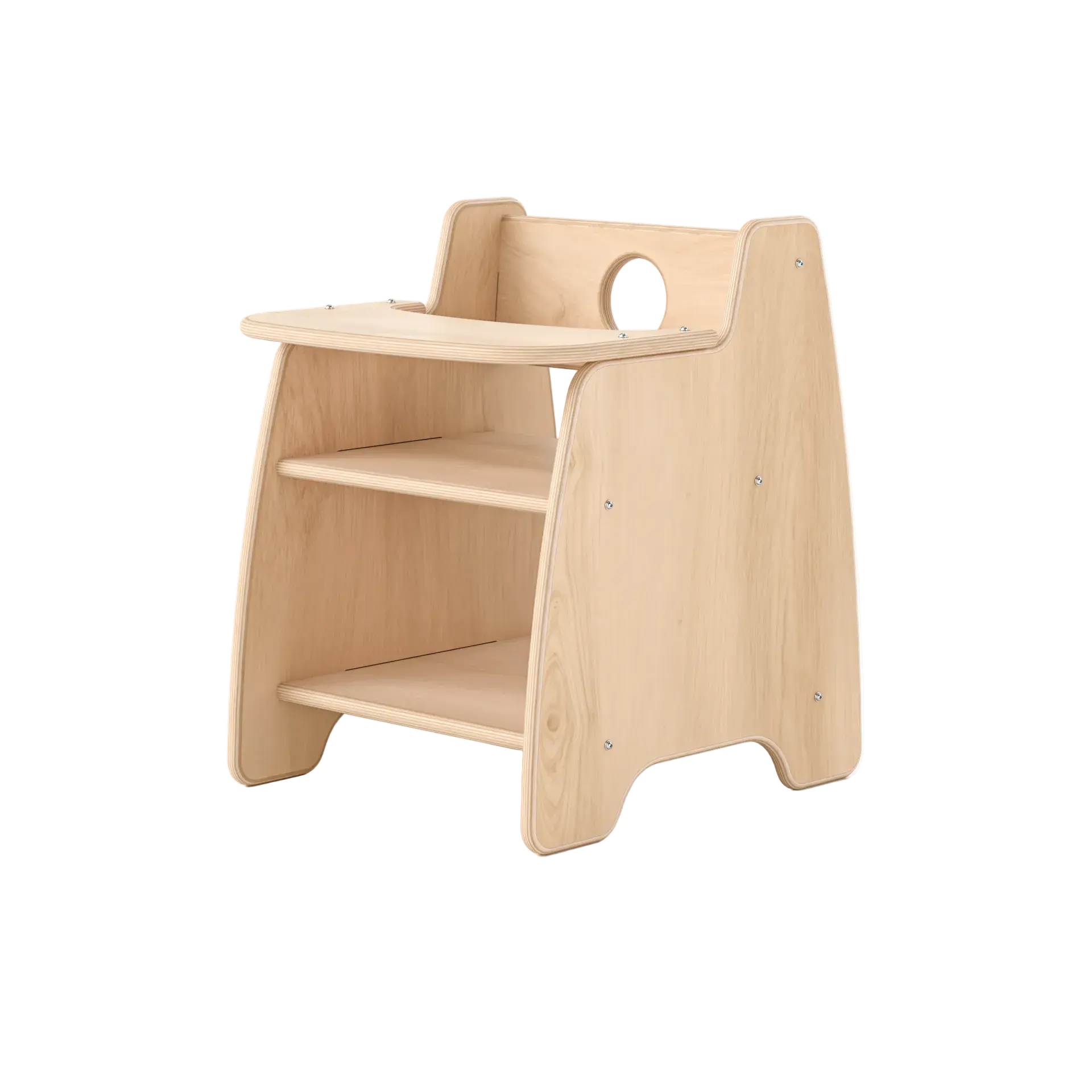 Wooden child's chair with a tray on a white background