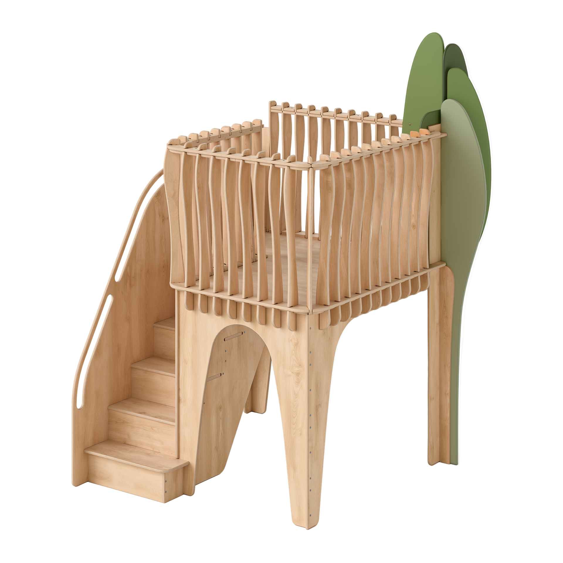 Wooden children's playhouse with a slide and green accents on a white background