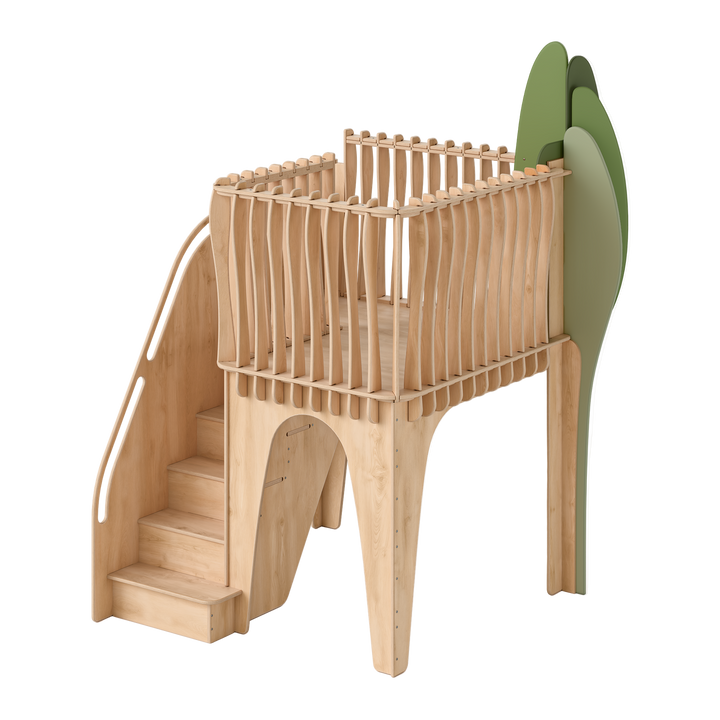Wooden children's playhouse with a slide and green accents on a white background