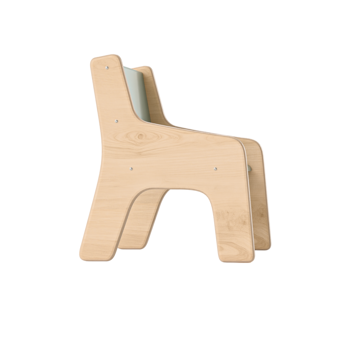 Wooden chair with a light gray cushion on a white background