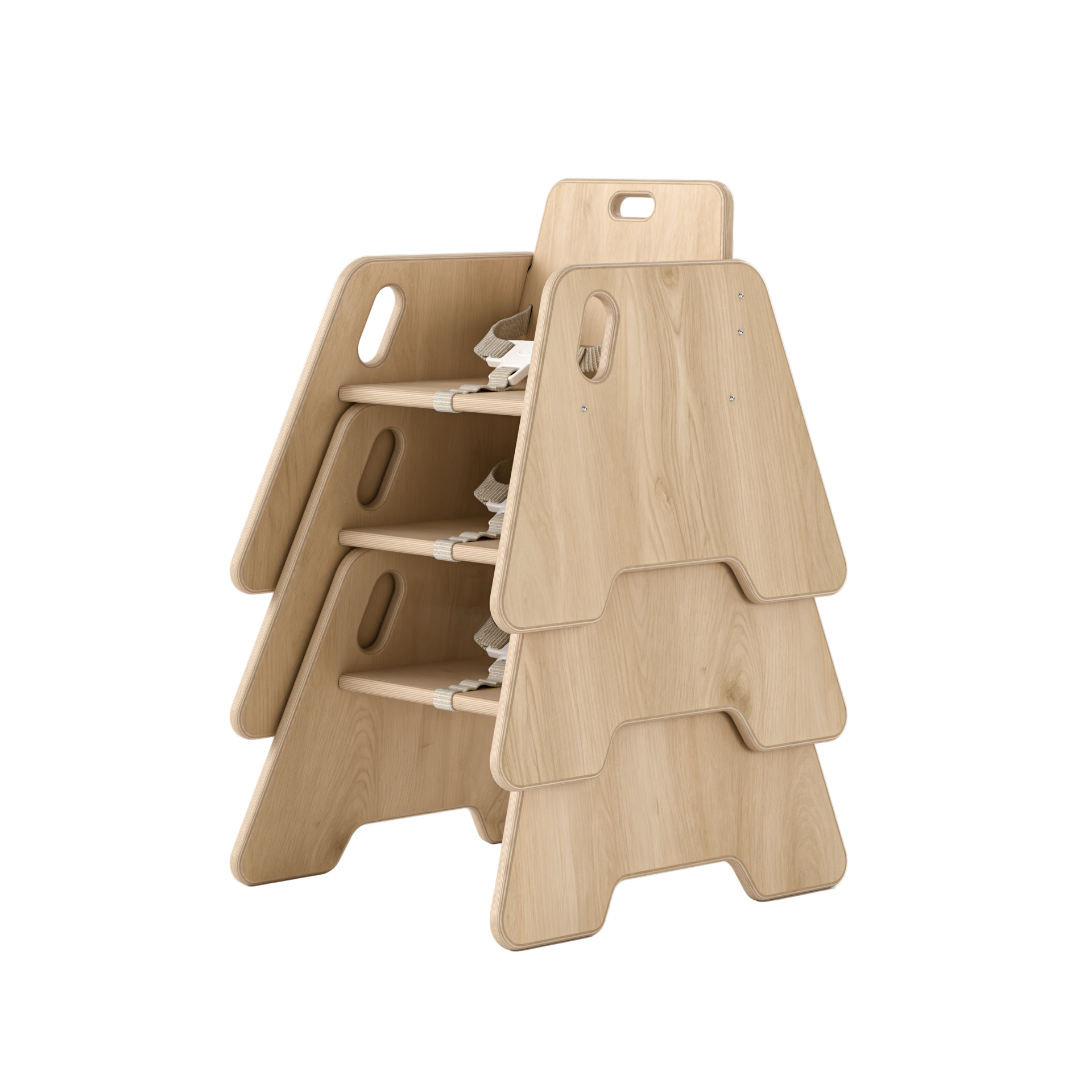 Set of three wooden stools stacked on a white background