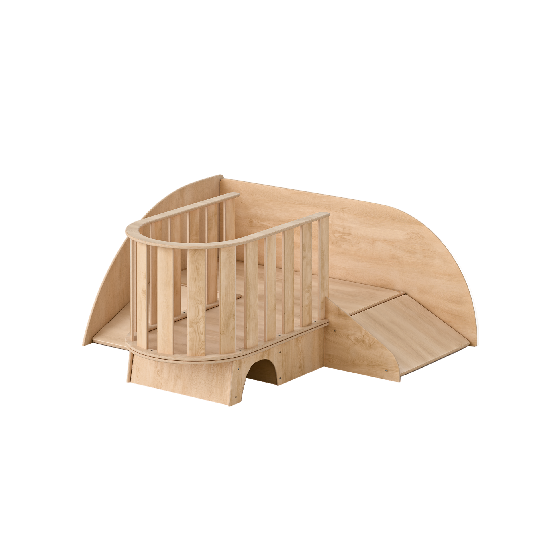 Wooden pet playpen with a ramp on a white background