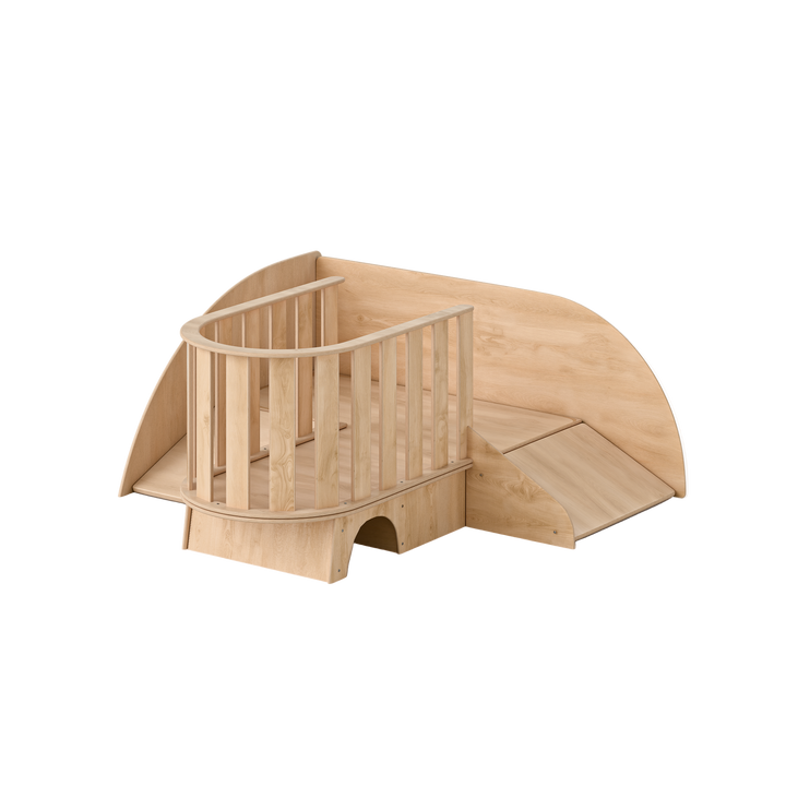 Wooden pet playpen with a ramp on a white background