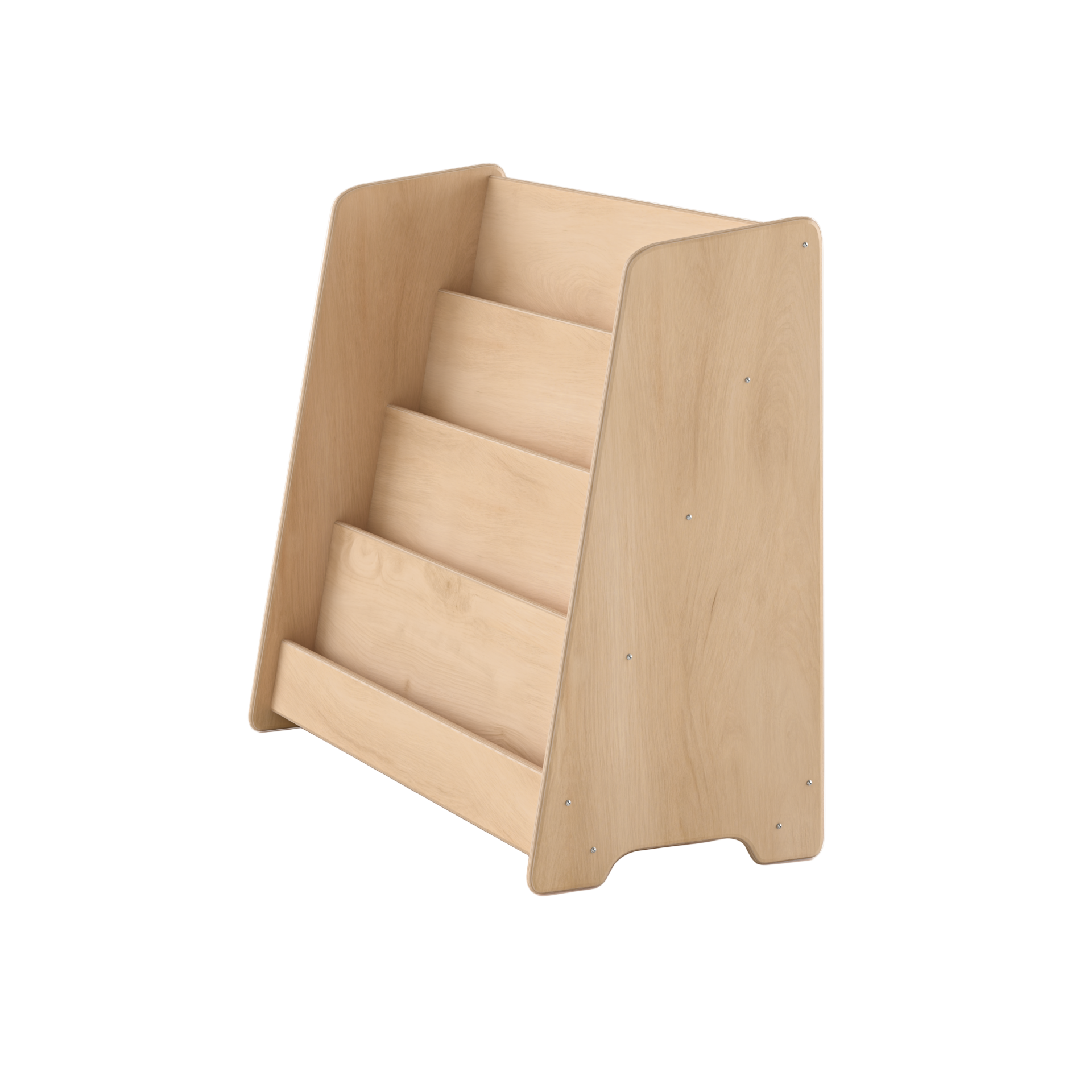 Wooden bookshelf with multiple shelves on a white background