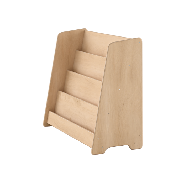 Wooden bookshelf with multiple shelves on a white background