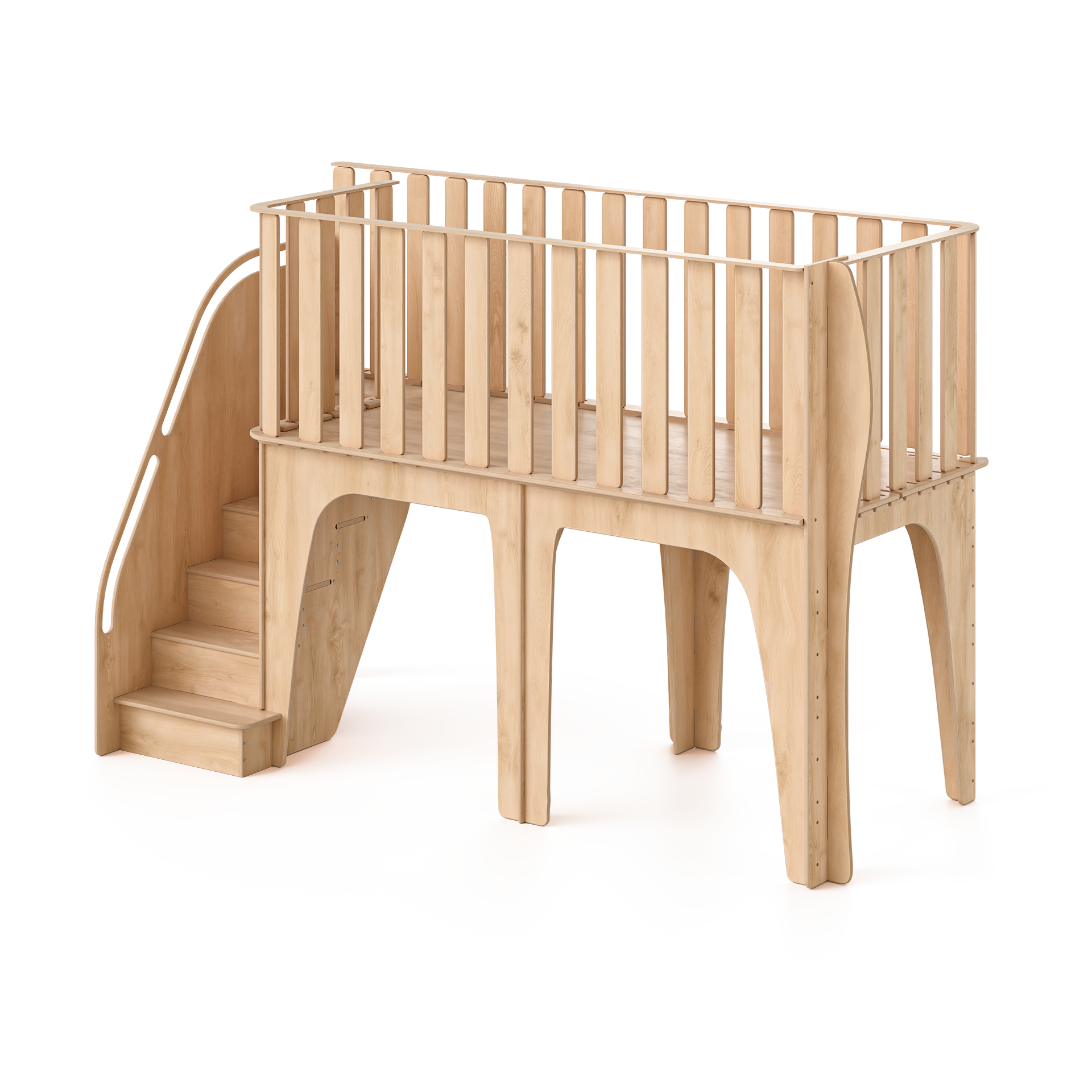 Wooden children's bed with staircase on a white background