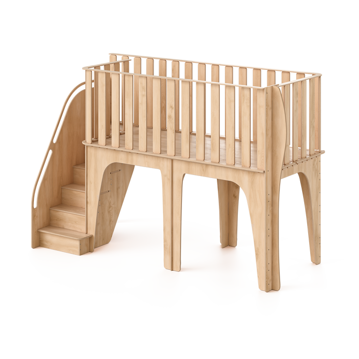 Wooden children's bed with staircase on a white background