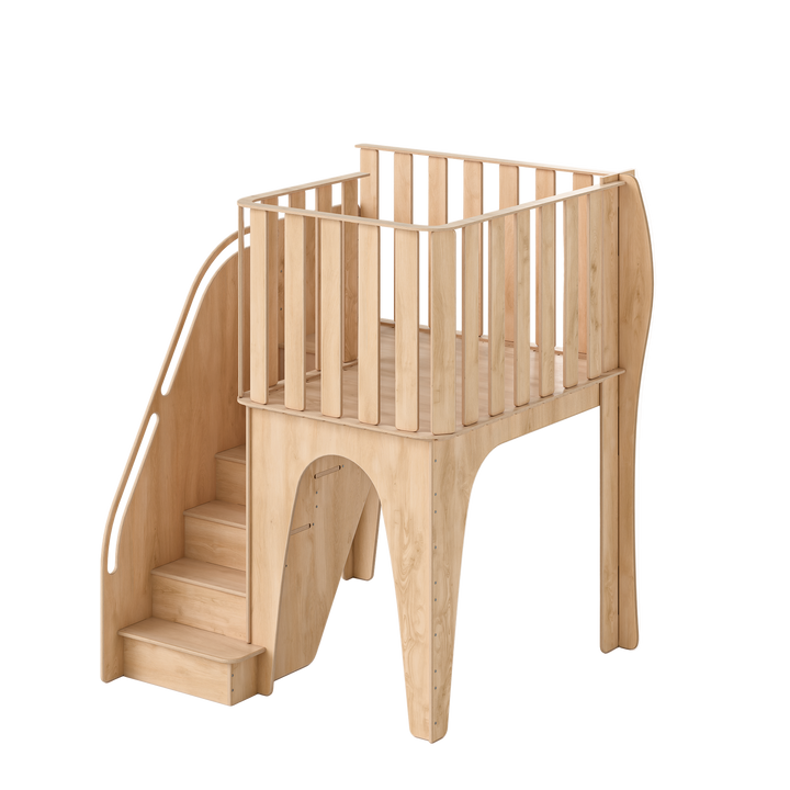 Wooden children's playhouse with stairs and balcony on a white background