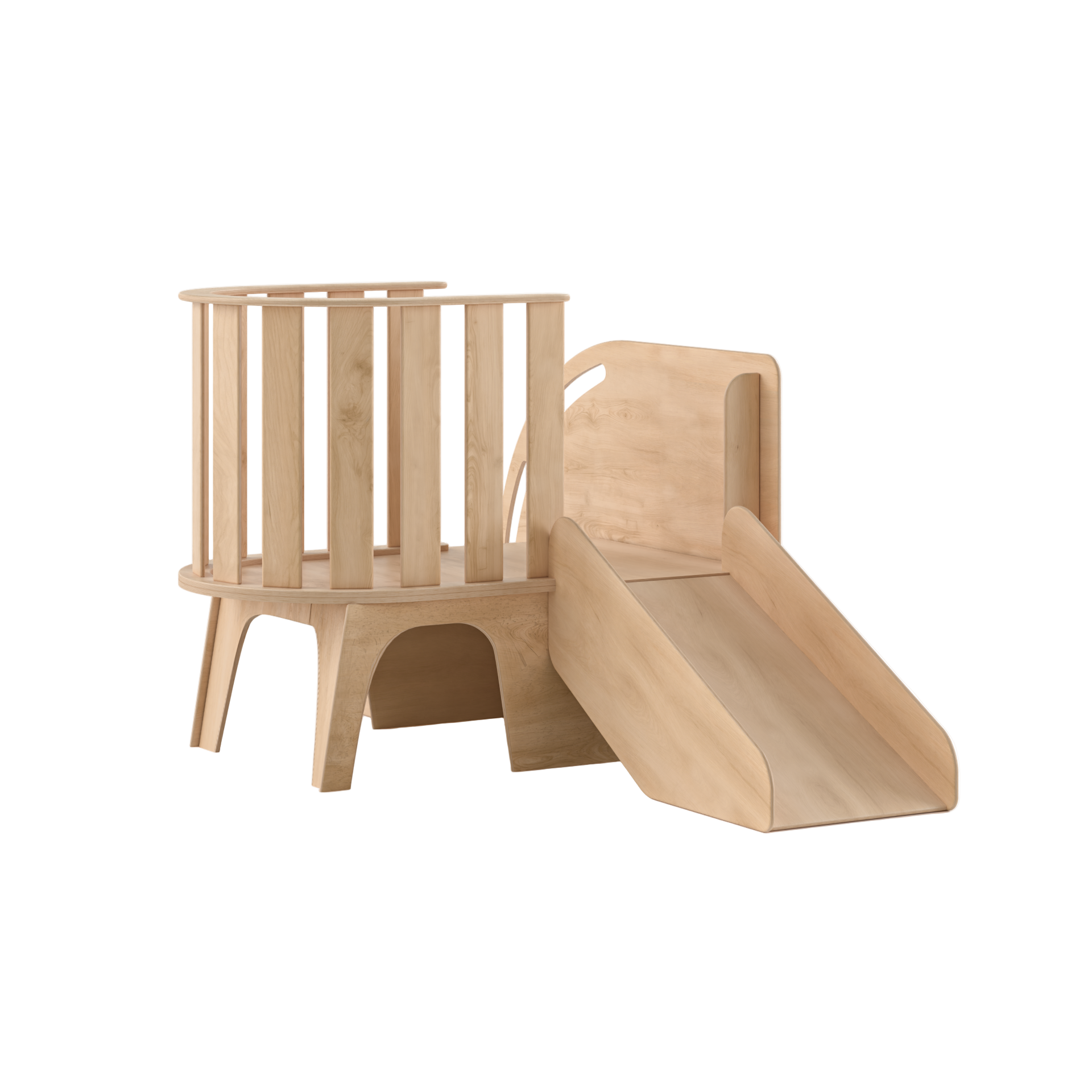 Wooden play structure with slide on a white background