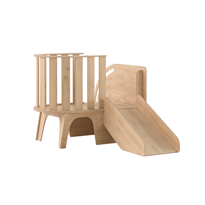 Wooden play structure with slide on a white background