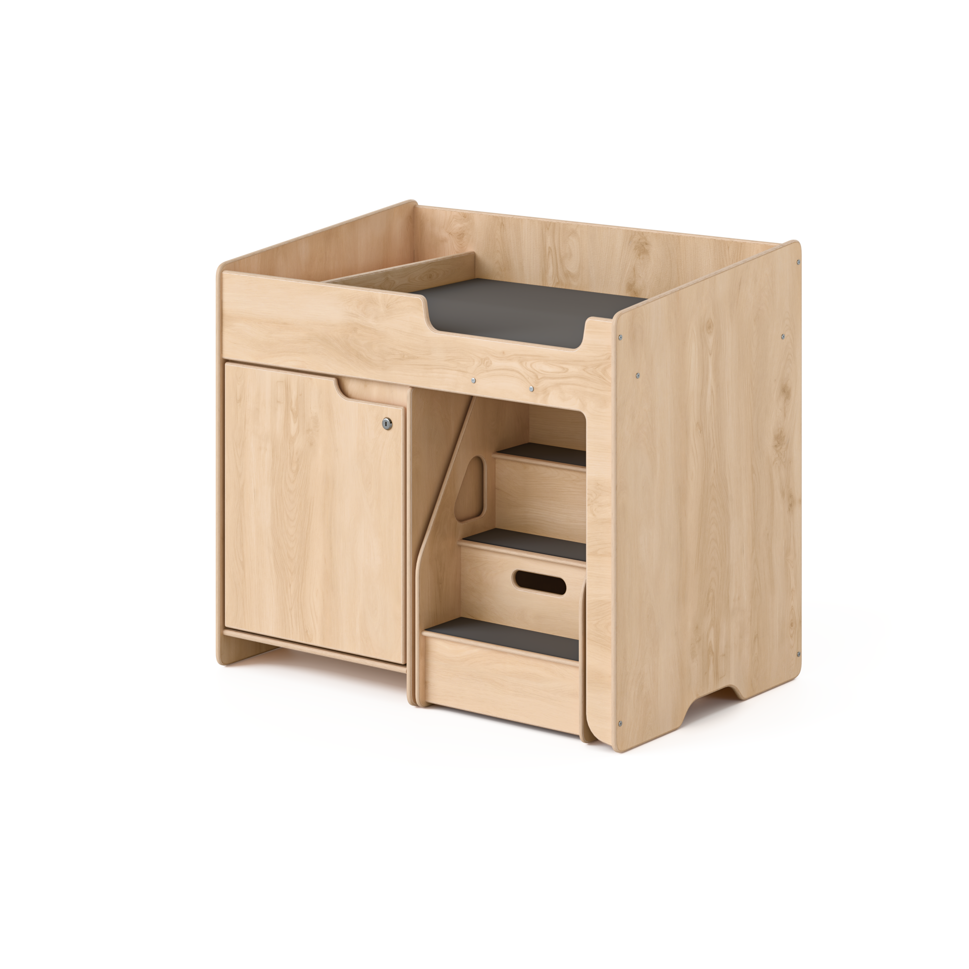 Wooden children's play table with storage drawers on a white background