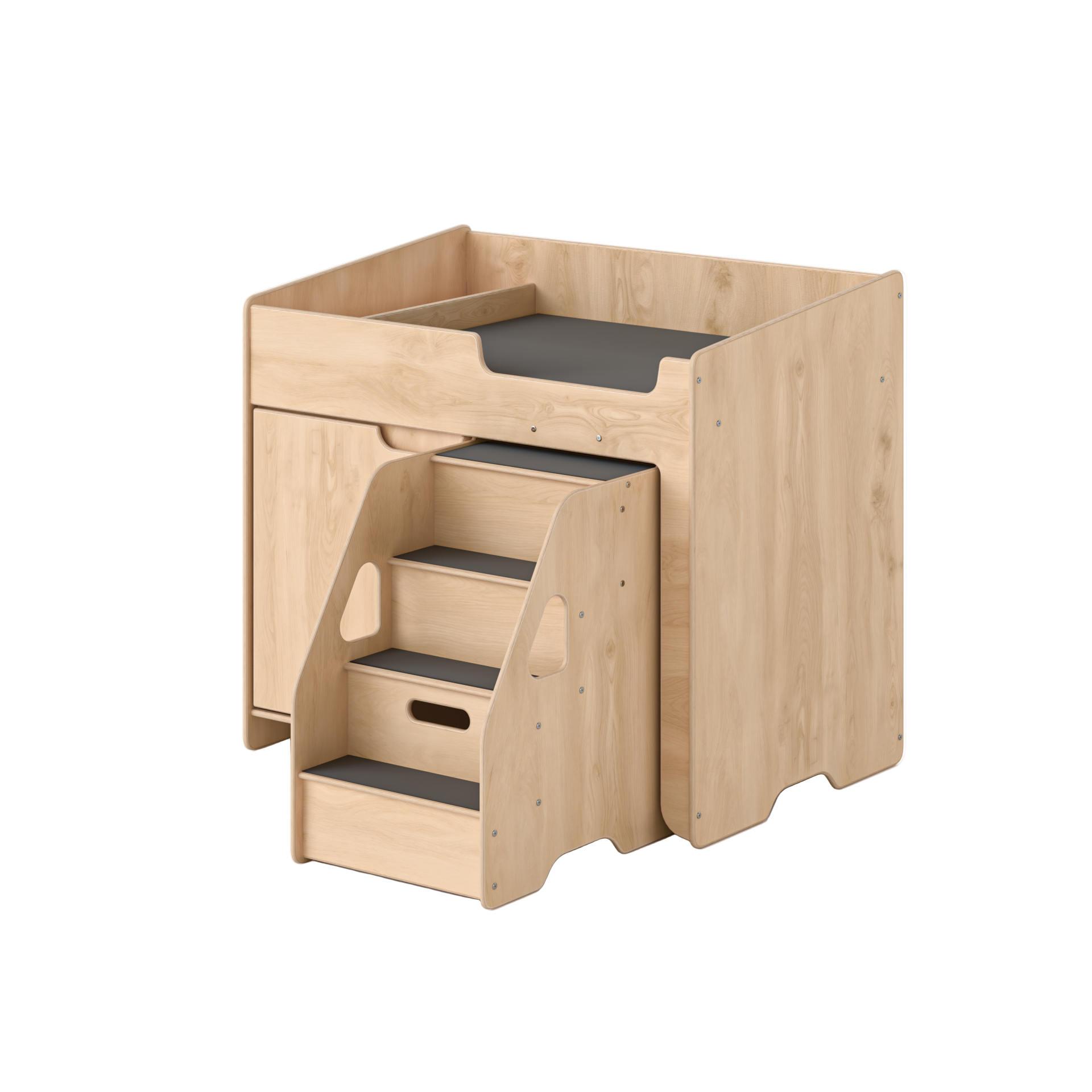 Wooden step stool with gray steps on a white background