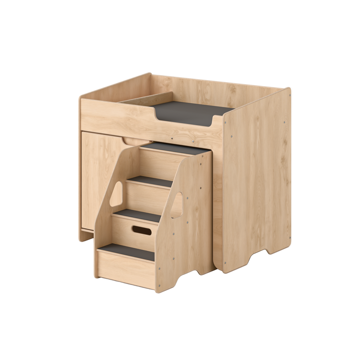 Wooden step stool with gray steps on a white background